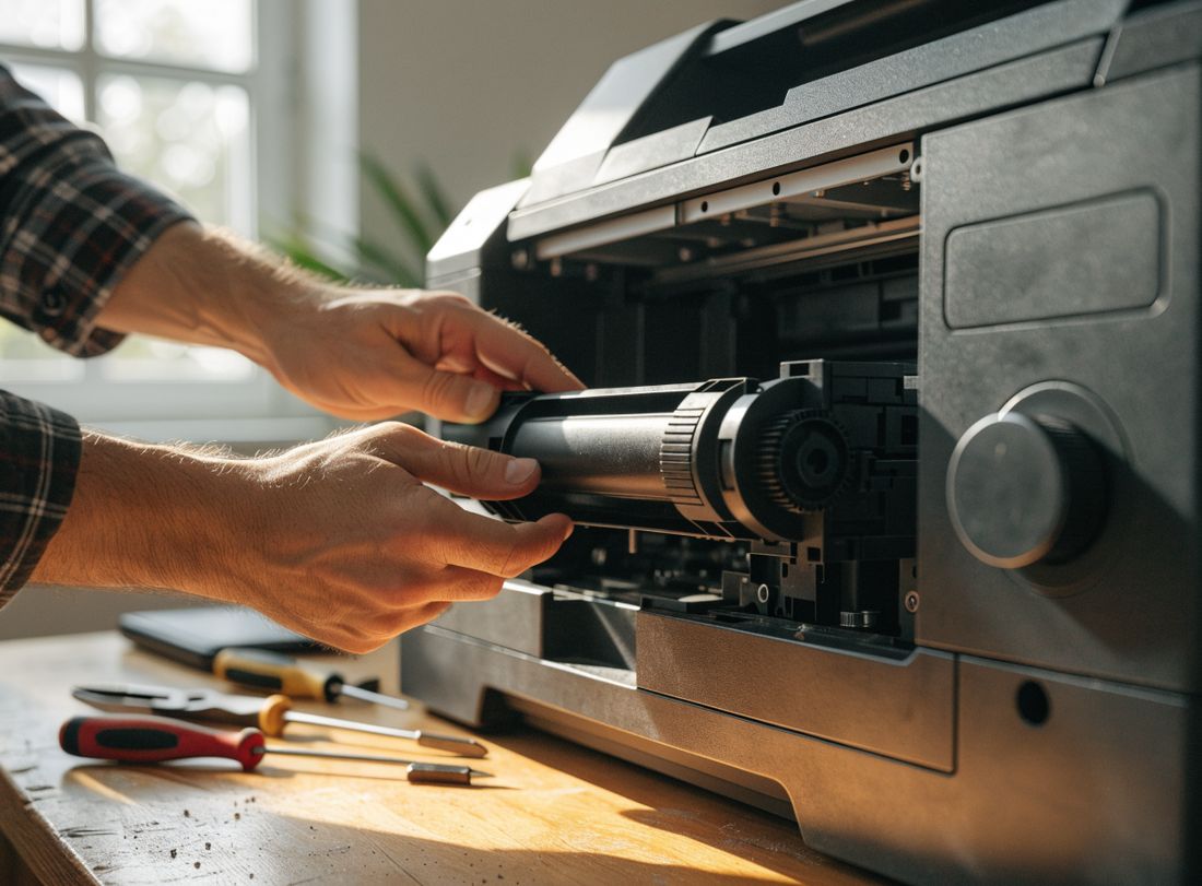 Hands installing a toner cartridge into a laser printer
