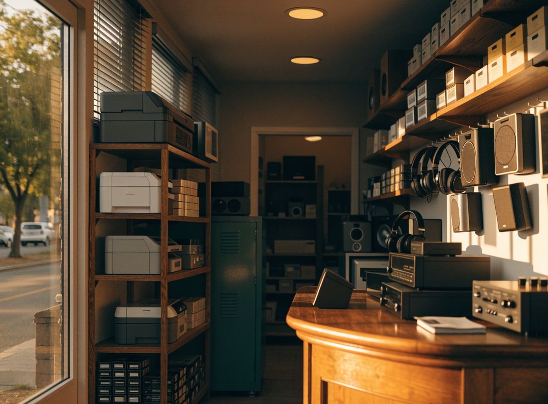 Inside a local electronics shop with printers, toner, speakers and headphones on the shelves